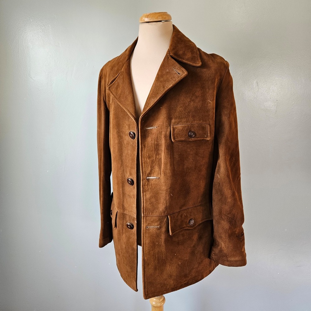 Vintage Lakeland Brown Suede Leather Safari Jacket Mens 40 1960s Western Coat